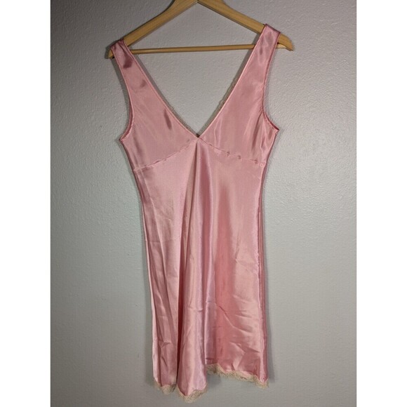 VINTAGE VICTORIAS SECRET PINK  SATIN SLIP DRESS Lace NIGHTY LINGERIE Size M 108 - Picture 2 of 6